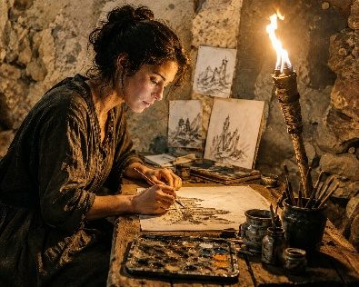 An artist sketching by torchlight — designing something new