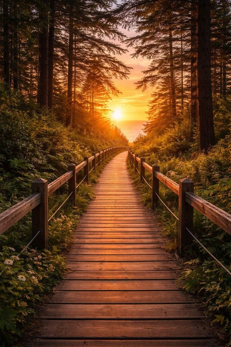 A wooden boardwalk winding through the forest toward a golden sunrise