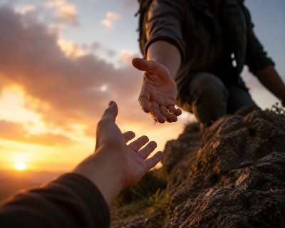 One hand reaching to help another up a hill at sunset