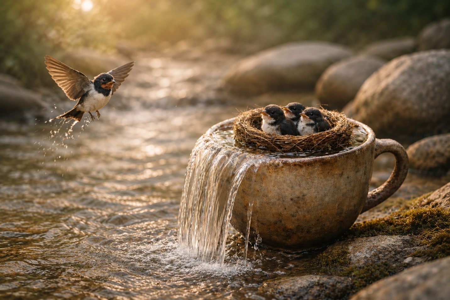A songbird returning to its nest in a teacup by a flowing stream — a picture of hope and renewal