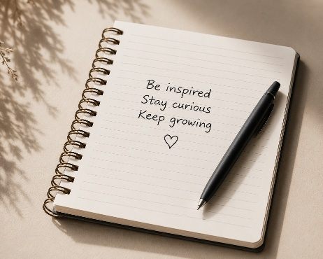 An open notebook reading: Be inspired, stay curious, keep growing