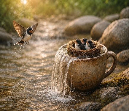 A bird returning to a nest resting in a teacup by a stream